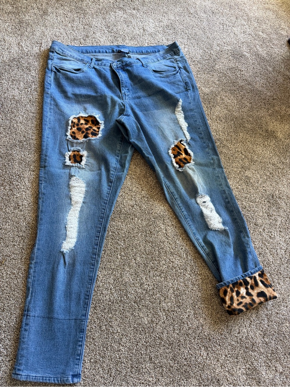 Vanity Blue Distressed Boyfriend Jeans with Leopard Trim